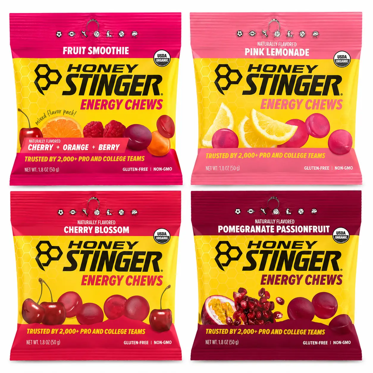 Honey Stinger Organic Honey Energy Chews 1.8oz Variety Pack (Pack of 4) - Cherry Blossom, Pink Lemonade, Fruit Smoothie, Pomegranate Passionfruit
