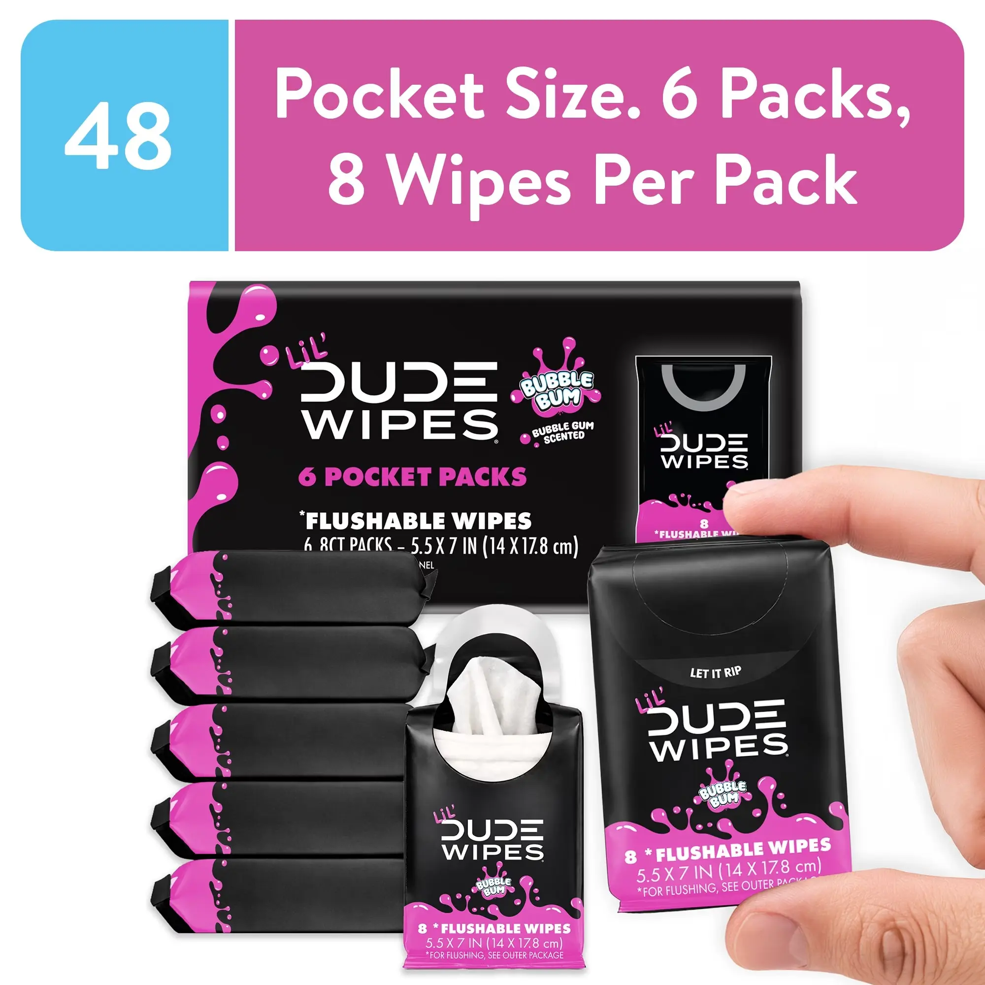 LiL' DUDE Pocket Packs Flushable Wipes, Extra Large Bubble Bum Wet Wipes, Bubble Gum Scent, 8 Count, 6 Pack