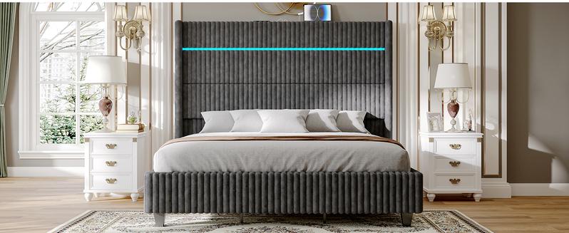 AMERLIFE Modern LED Bed Frame with Charging Station, Corduroy Upholstered Platform Bed with 60" Tall Wingback Headboard/No Box Spring Needed/Luxury Furniture Home Design/Queen/King Size/Best Gift Ideas/Christmas Gifts