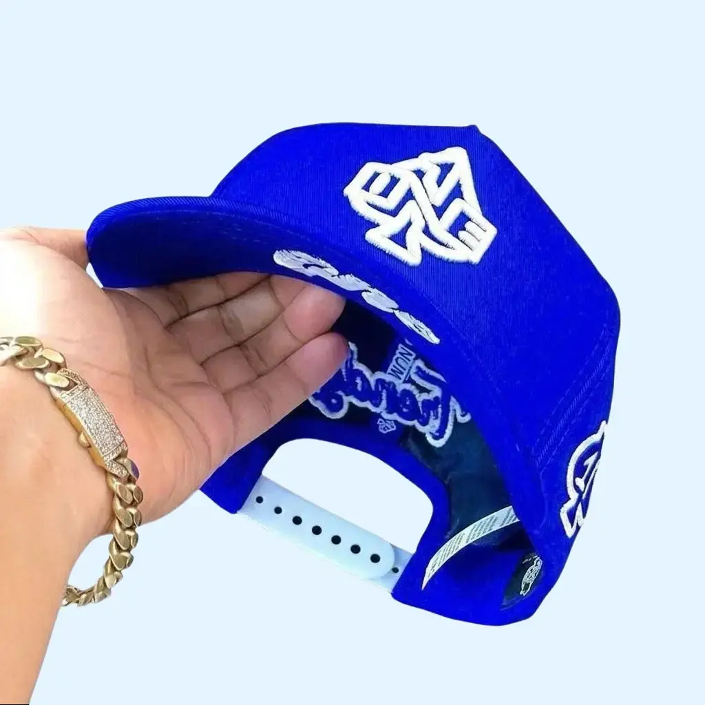 Royal Blue Snapback Hat - White Abstract Monogram Embroidered Flat Brim Cap, Script Underbrim Streetwear Hip Hop Baseball Hat for Men Women