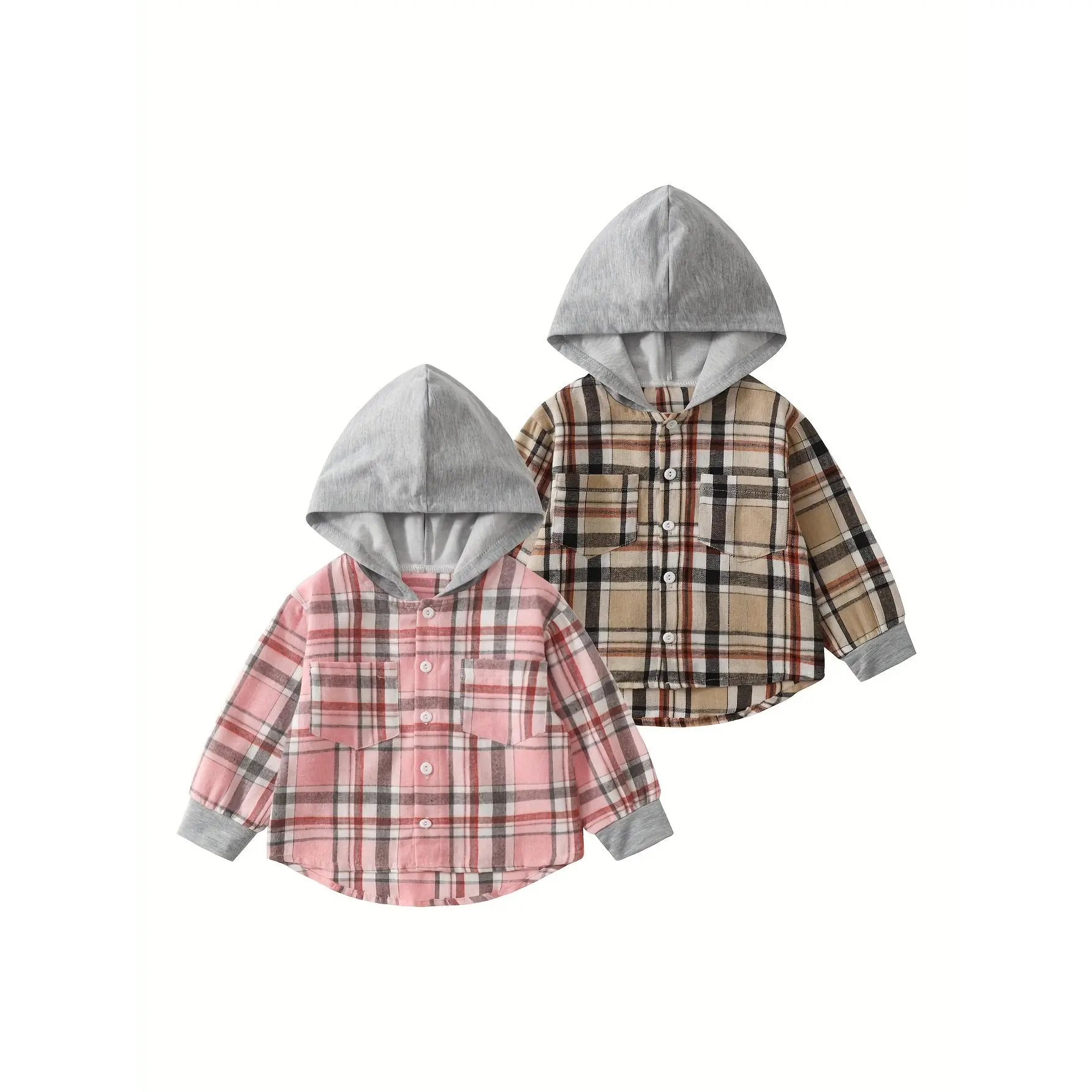 2-Piece Girls' Plaid Shirt Casual Button-Up Long-Sleeve Hoodie Top Set Suitable for Ages 3-12
