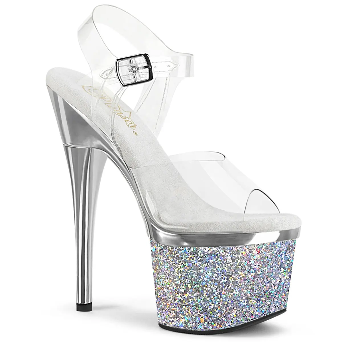 Women's 7-Inch Heel Platform Ankle Strap Shoes, Stylish Sparkling Glitter Transparent Silver Party Footwear - ESTEEM-708CHLG