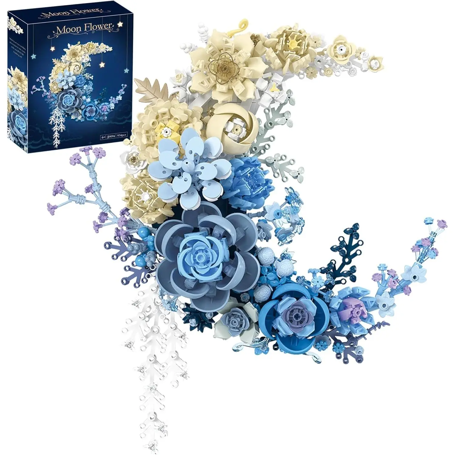 Moon Flower Creative Building Blocks for Adults,Dried Flower Decoration, Table or Wall Decoration, Blue, White, Yellow Floral Wreath