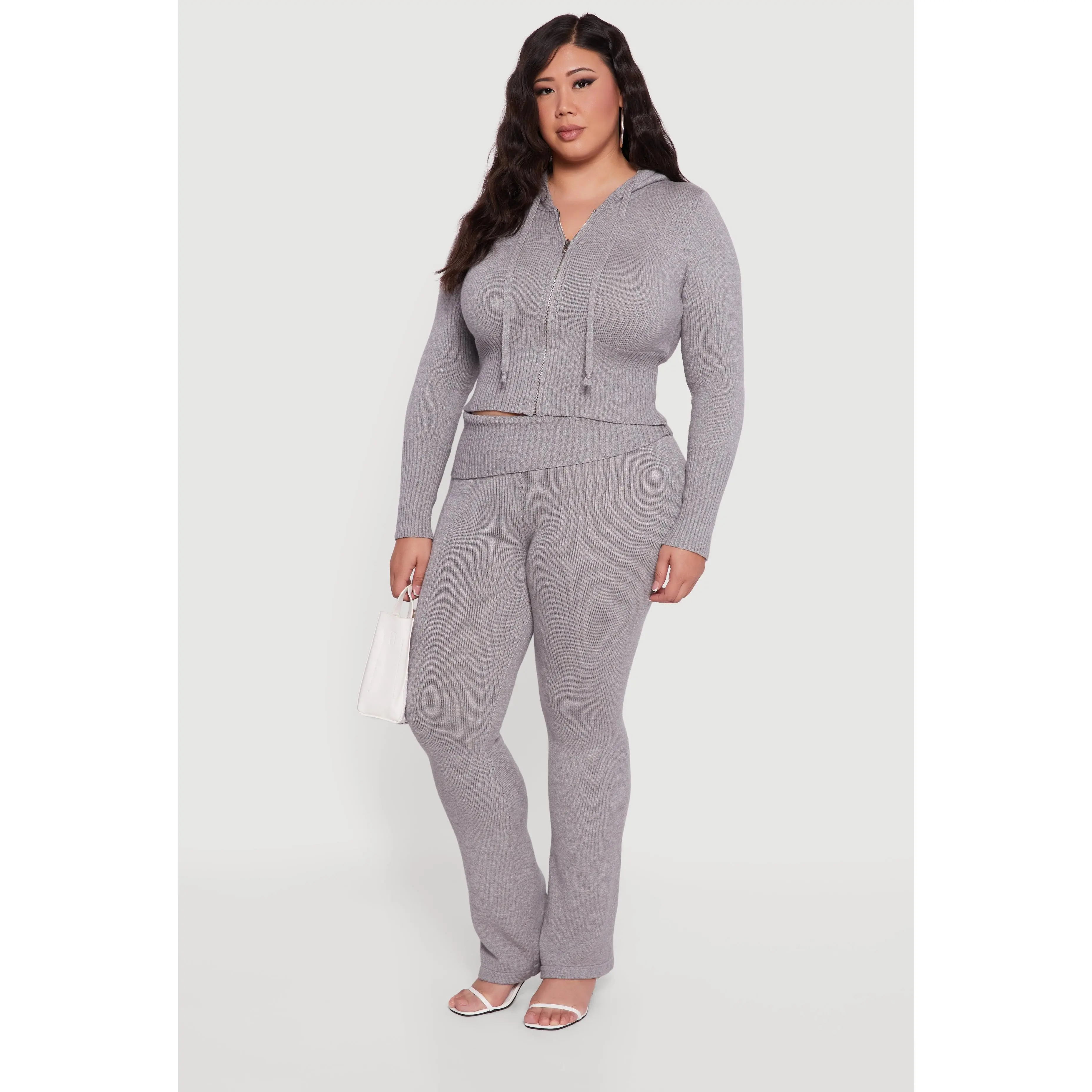 Plus Size Ribbed Knit Fold Over Flare Pants
