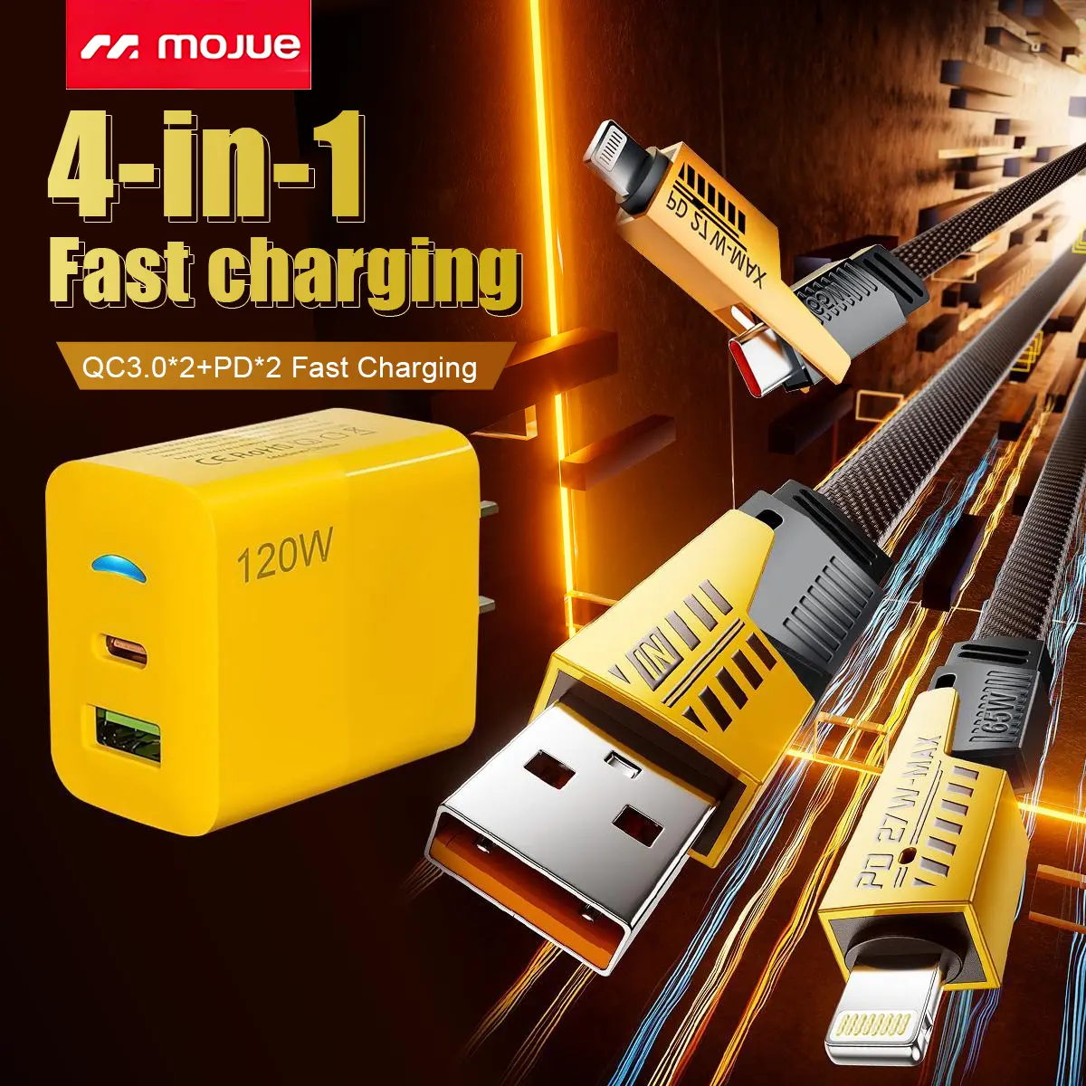 1-Pack Portable Fast Charger, Type C/USB A Dual Ports Adapter,4 in 1 Fast Charging Cable & Data Sync, 5FT Flat Braided Charger Cord for iPhone 17/16/15/14/13/12Pro Max/iPad/Airpods/Samsung #Back To School