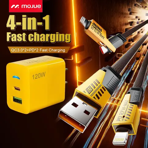 MOJUE Durable 4-in-1 Travel Charger Block Adapter, Type C/USB A Dual Ports Plug with 5FT Flat Braided Charging & Data Sync Cable, Compatible with iPhone 18/17/16/15/14/13/12 Pro Max, iPad, AirPods, Samsung Devices