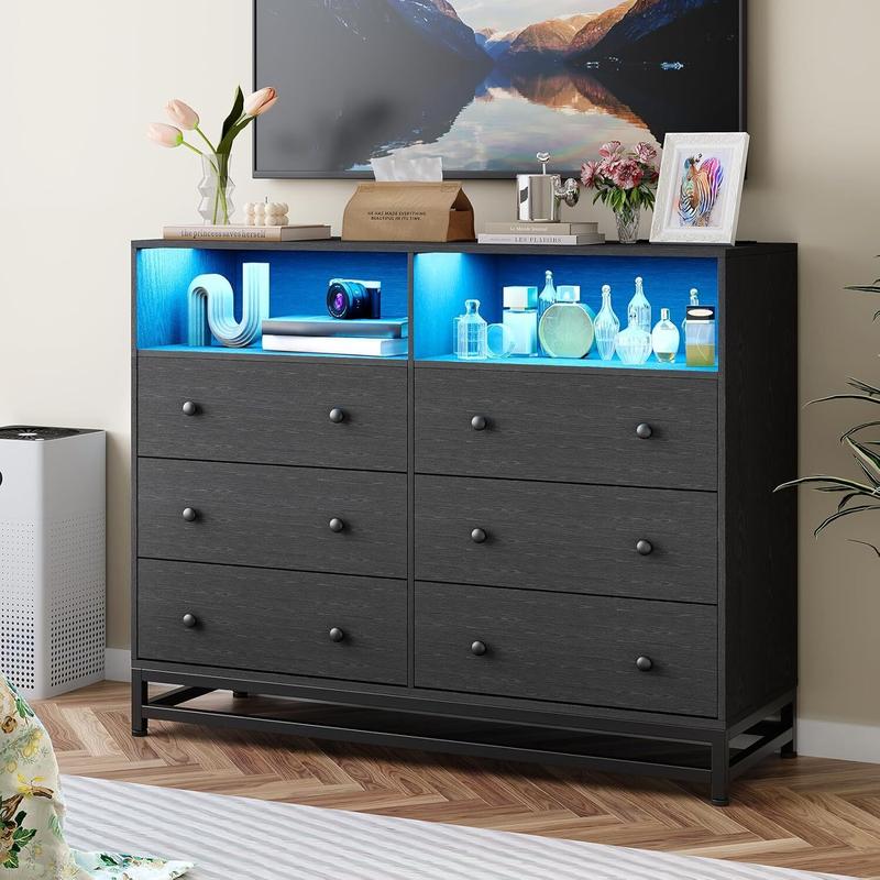6 Drawer Dresser for Bedroom, Wide Wood Black Dressers Drawers with Led Lights and Power Outlets, Big Storage Dressers for Bedroom, Sturdy Modern Bedroom Dresser with Handle, Anti-Tilt Devices