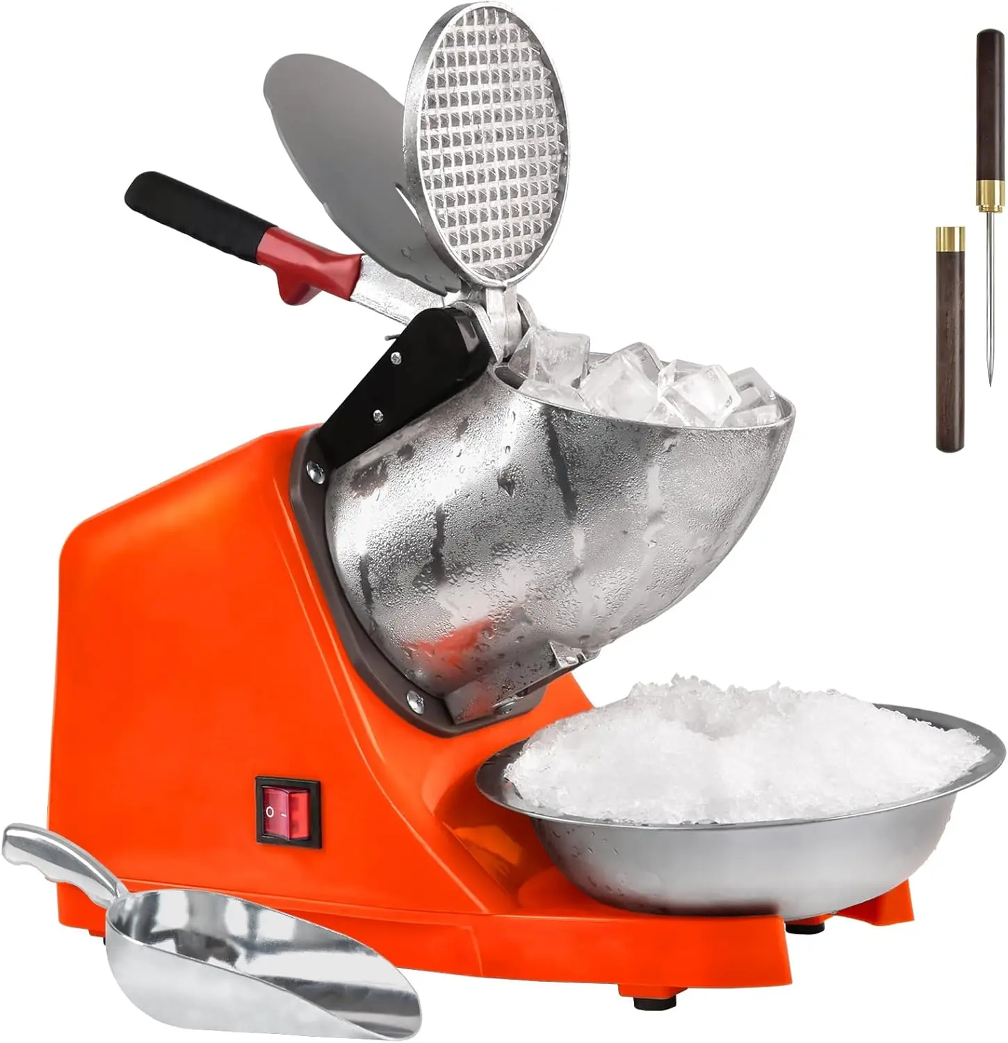 Electric Shaved Ice Machine,with Ice Pick and Scoop,3  of Electric Snow Cone Machine(300W 2200r/min),Splash Proof Ice Shaver Machine,Ice  Machine for Home Commercial Use (Orange)