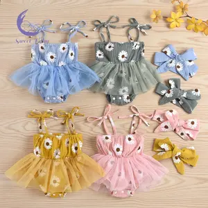 Baby Girl’s Lace-Up Suspender Romper Fresh Daisy Printing Mesh Yarn Jumpsuits and Headband