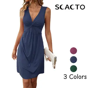 Scacto Women's Sleeveless Deep V Neck A-Line Mini Dress - Summer Casual Polyester Women's Clothes, Sundresses, Collarless Casual Dresses, Blue/Rose Red/Green, Asian Sizes