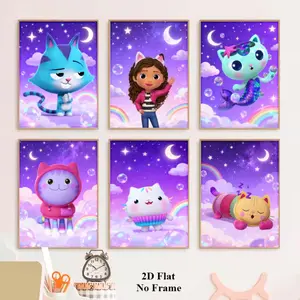 6pcs Unframed 2D Flat Vibrant Cartoon Anime Dollhouse Posters, Canvas Wall Art for Living Room, Bedroom, Office, Home Decoration