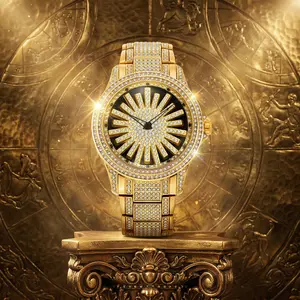 Men's Diamond - Encrusted Gold Watch, Business Quartz Chronograph with RotatingDiamond Dial, Sparkling Effect, WaterResistant, Party Daily Wear Birthday Gift summervibes