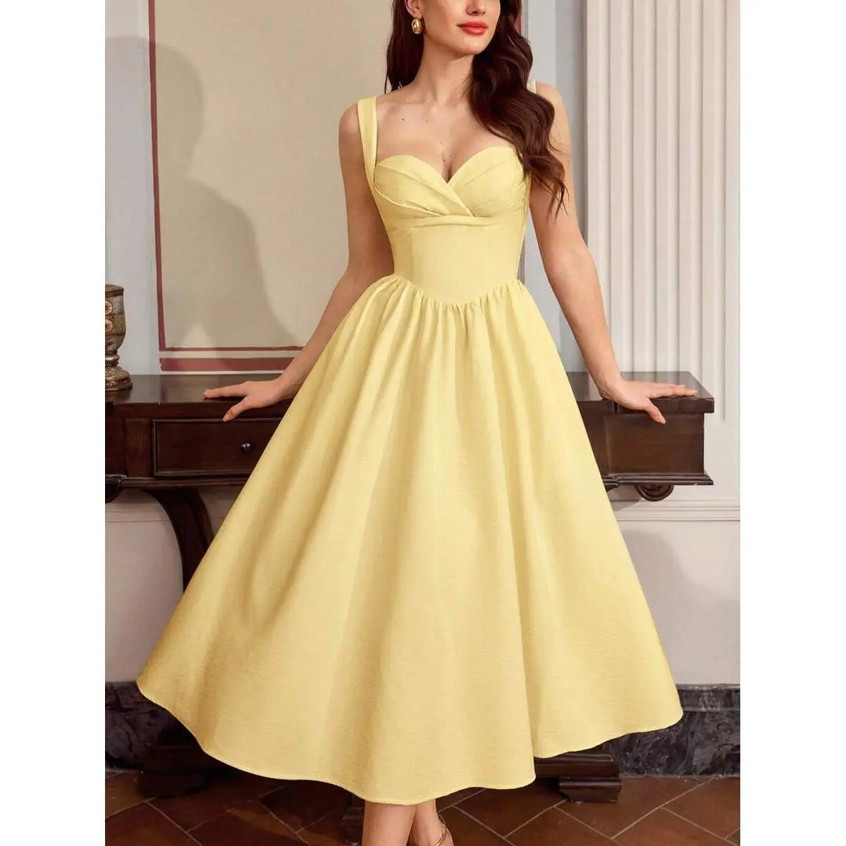 Vintamour 70s Retro Yellow Summer Vintage Elegant Women's Bustier Dress Heart Neck Pleated Party Wedding Guest Dress With Pockets Casual Holiday Long Dresses