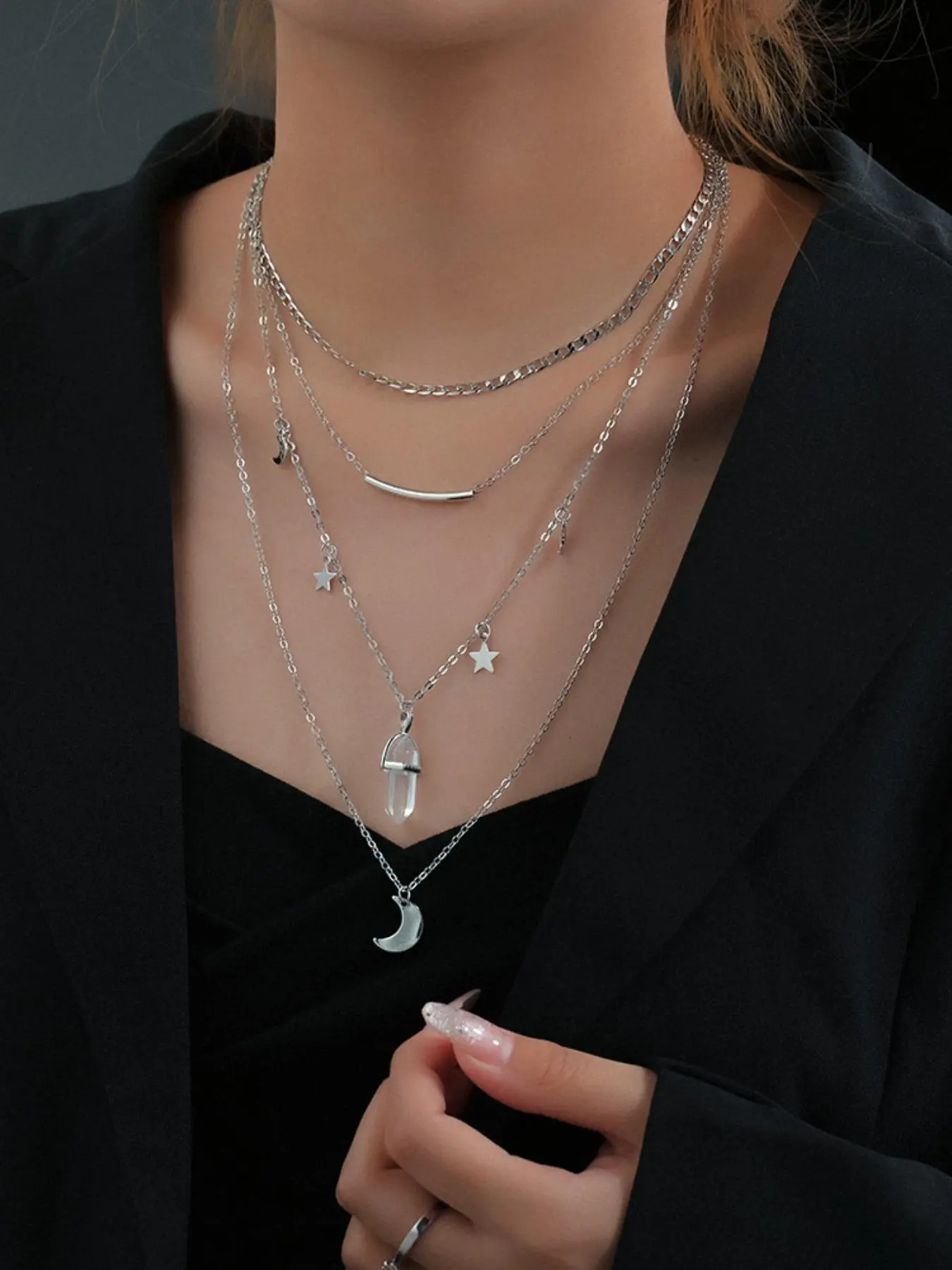 Elegant Star & Moon & Artificial Crystal Decor Layered Necklace Stack, Adjustable Star Necklace Pendant, Fashion Accessories for Party, Daily Clothing Decor for Girl, Trendy All-match & Exquisite Jewelry for Birthday Gift