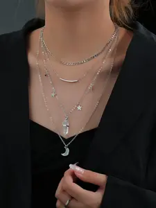 Elegant Star & Moon & Artificial Crystal Decor Layered Necklace, Adjustable Star Necklace, Fashion Accessories for Party, Daily Clothing Decor for Girl, Trendy All-match & Exquisite Jewelry for Birthday Gift