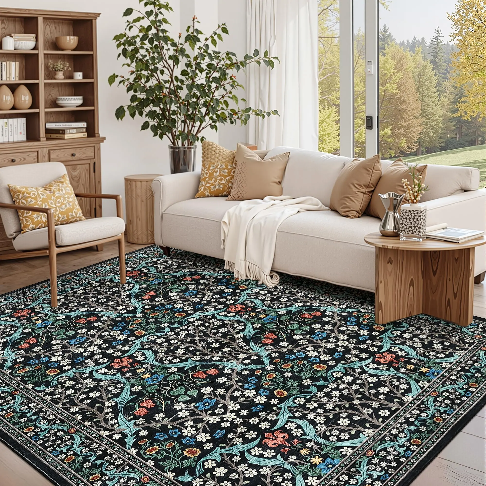 GARVEE 6x9 Washable Area Rug for Living Room, Floral Dining Room Rugs for Under Table, Low Pile Non-Slip Stain Resistance Floor Carpet for Bedroom, Black