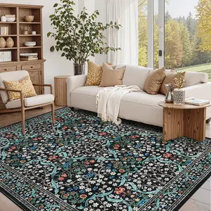 GARVEE 6x9 Washable Area Rug for Living Room, Floral Dining Room Rugs for Under Table, Low Pile Non-Slip Stain Resistance Floor Carpet for Bedroom, Black
