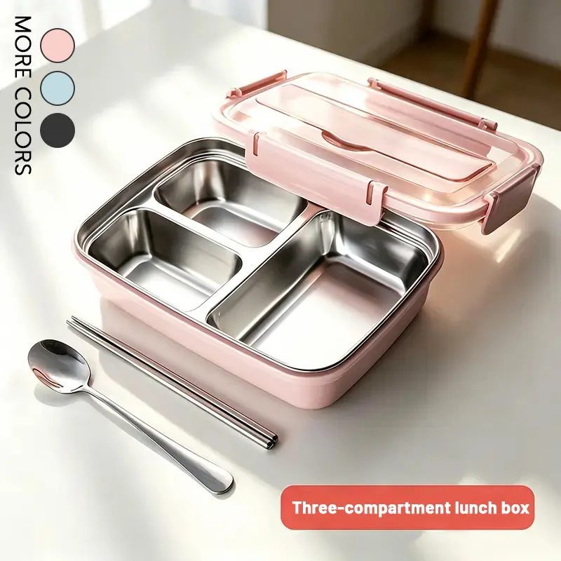 Portable 3-Compartment Leakproof Stainless Steel Lunch Box - 3-Color Kitchenware, Durable Easy-to-Clean Bento Container for Students, Office Workers, Back-to-School Gifts Stylish Tableware Pink  Portable food storage box available in three colors