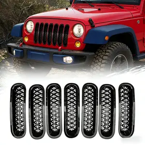 7PCS Front Grille Inserts for Jeep Wrangler JK JKU 2007-2018, Gloss Black Mesh Grill Decor Trim Kit, Exterior Accessories for Unlimited Sport Sahara Rubicon, Clip-on Version