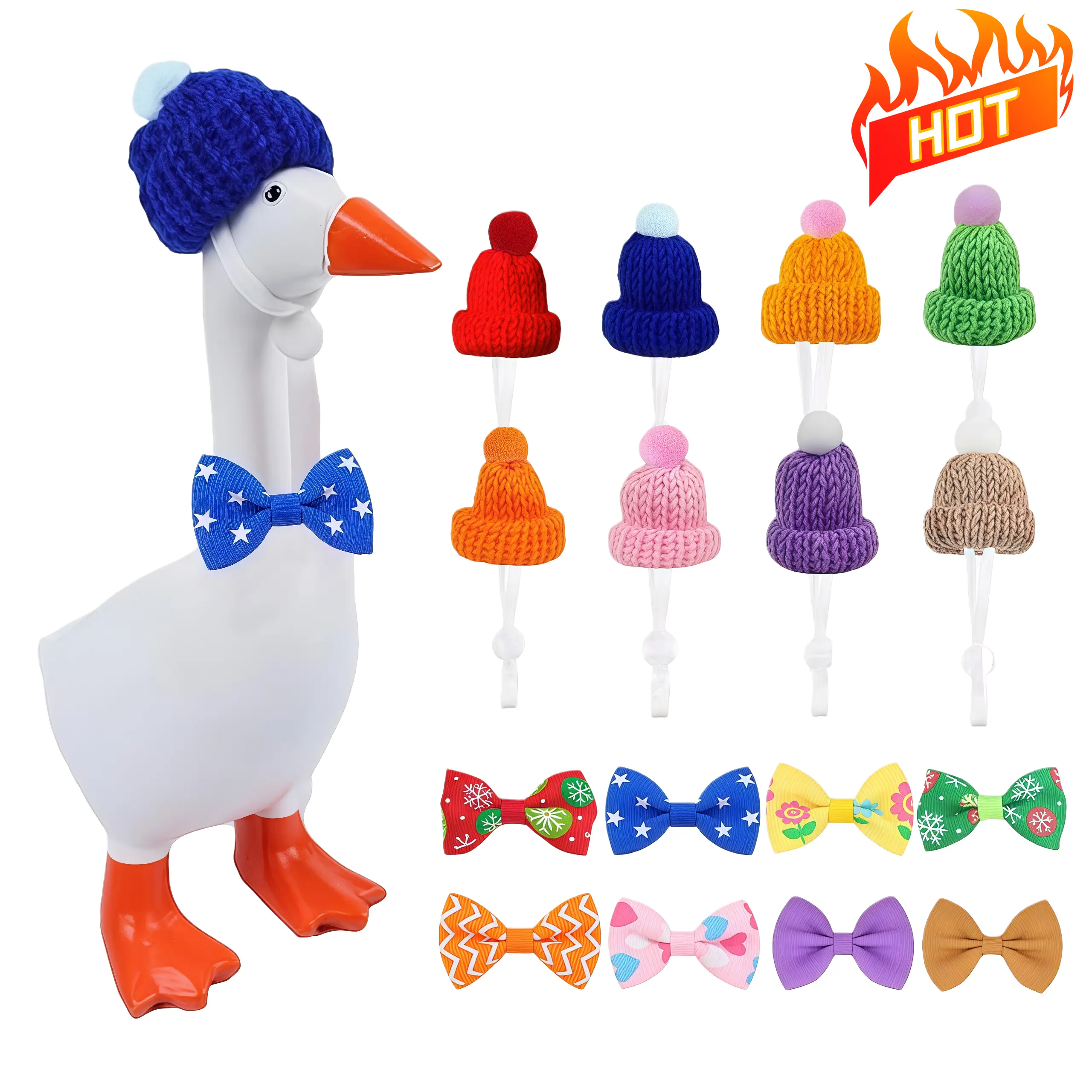 16pcs Magnetic Desk Goose Costumes Outfit Set with Knitting Hats & Bows for 7 Inch Figurines All Season Funny Porch Decor for Holiday Gift