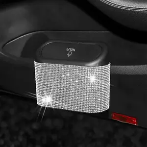 Car Trash Can Desktop Office Waste Paper Bin, Rhinestone Embellished Luxury Elastic Lid Design, Vanity Table Car Door Paper Holder, Car Organization Supplies