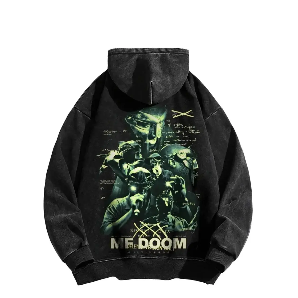 Washed sweatshirt featuring images and text of British rapper *MF DOOM*'s mask and multiple portraits in varying shades-Long Sleeve Cotton Unisex Vintage Hoodie, Oversize shirt, Vintage Outfit, Gift for fan, y2k styles JLK