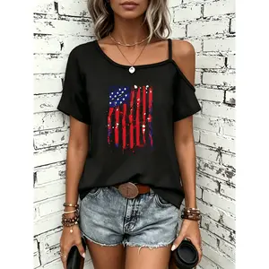 Womens Asymmetrical One Shoulder Cold Shoulder Strap Tee Casual Loose Fit Short Sleeve Top Vintage Distressed American Flag Graphic for Summer and Fourth of July