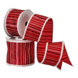 4"X10y Glitter Stich Linen Wit h Fur Edge Ribb on by Valerie