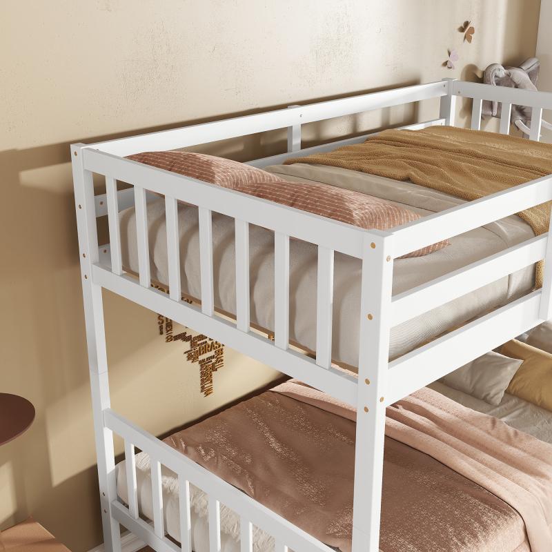 Twin Over Twin Rubber Wood Bunk Bed Frame with 2 Storage Drawers, Convertible into 2 Twin Beds, Twin Size Bunk Bed with Ladder and Safety Guardrails