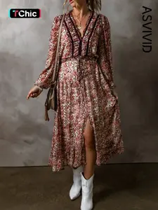 Women's Floral Print Split Front Tiered Frilled V Neck High-Waisted Midi Dress