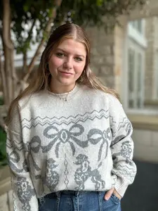 Poodle Bow Jacquard Knit Pullover Sweater