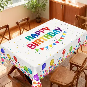 White Happy Birthday Tablecloth With Rainbow Bunting & Balloon Pattern, Round Rectangular Tablecloth Durable Washable Table Cover For Birthday Party, Picnic, Dinner, Kids Party, Indoor Outdoor Decoration