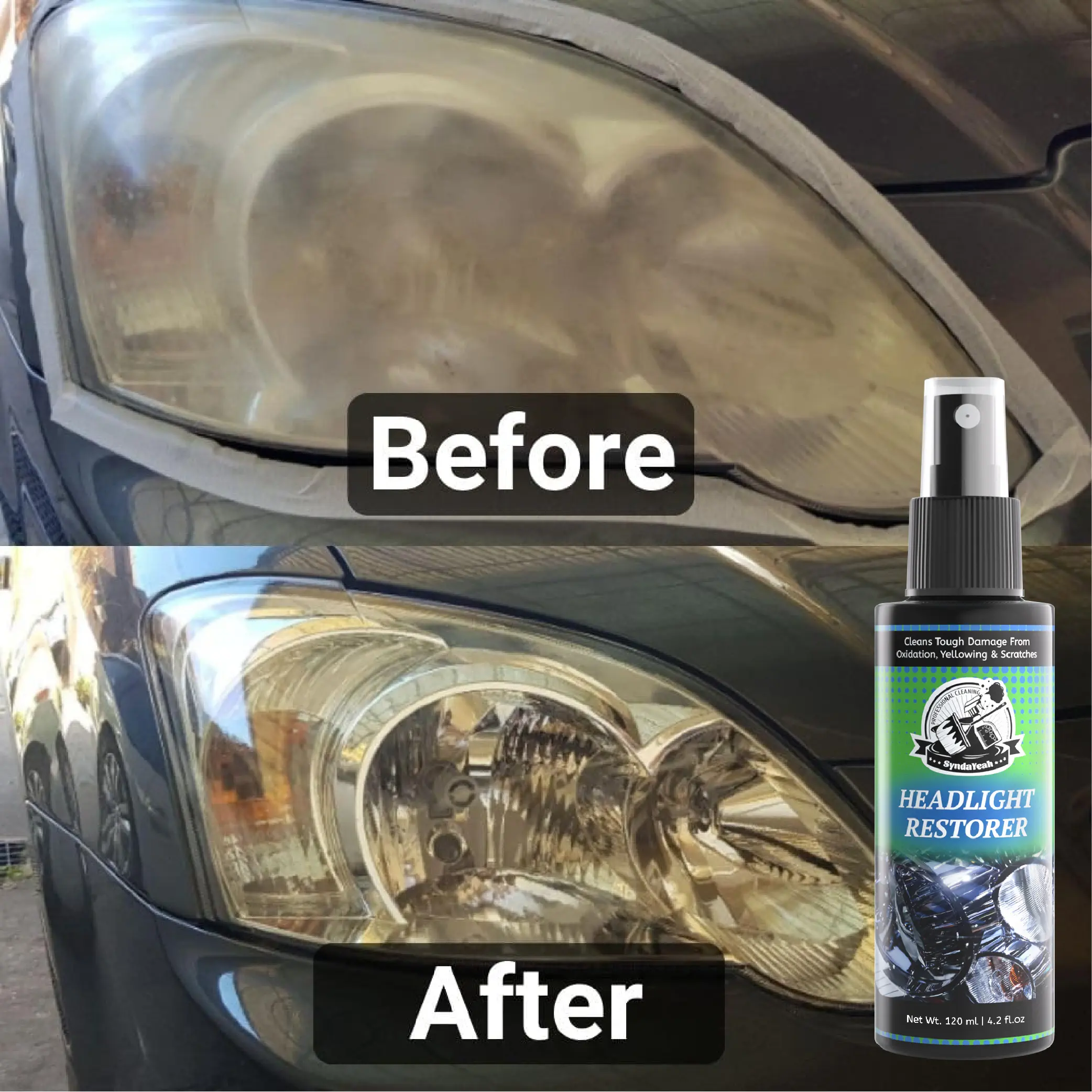 Automotive Headlight Restoration Cleaner, effectively cleaning oxidized yellowing and fine scratches, maintaining clear headlight brightness, slowing aging, eco-friendly and non-damaging, providing long-lasting protection for headlights