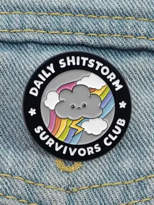 Rainbow Cloud Badge Daily Shitstorm Survivors Club, Humor Style, Lightning Rainbow Round Design, Stress Relief Emotion Statement, Brooch Pins