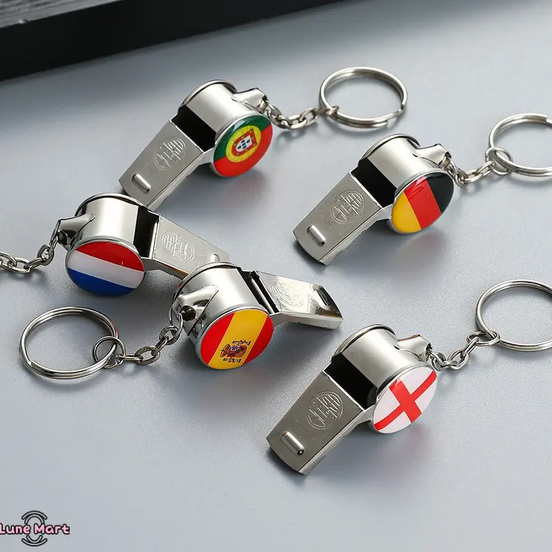 2-Pack Mini Metal Whistle Keychains, EDC Keychains With National Flag Patterns, Referee Whistles For Sports Events & Outdoor Emergencies, Multiple Country Designs Available, Mini Metal Keychains