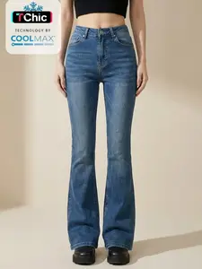 Women's Plain Button Flare Leg Stretchy Jeans, Casual Fashion Bell Bottom Denim Pants for Daily Outdoor Wear, Women Bottoms for Fall & Winter