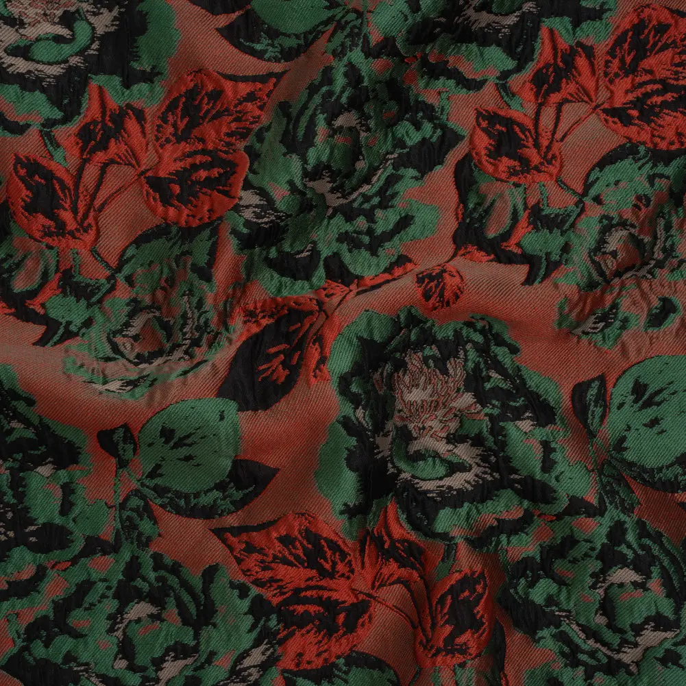 Polyester Brocade - Red, Green and Black Rose Garden - Deadstock