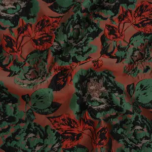 Polyester Brocade - Red, Green and Black Rose Garden - Deadstock