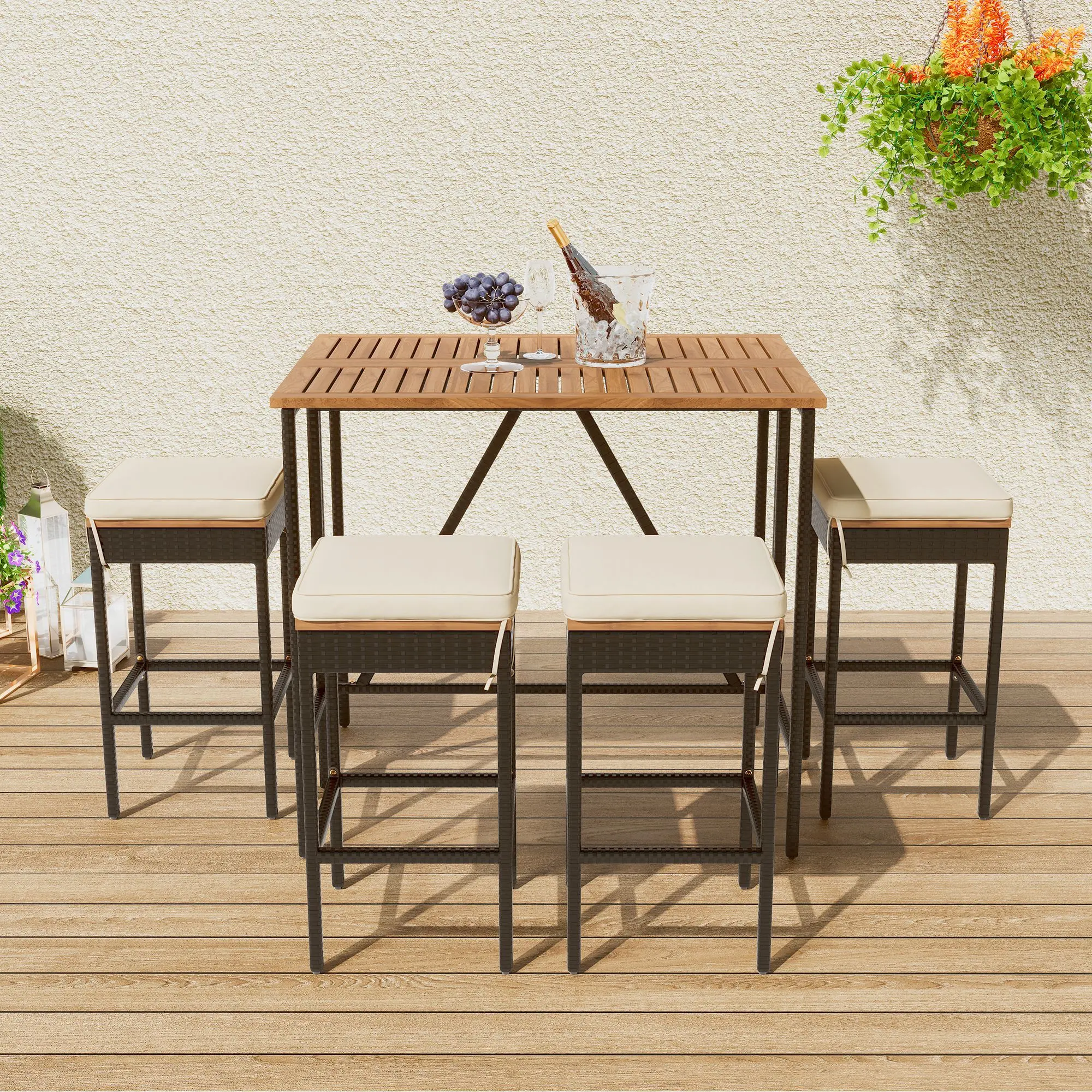 5-Piece Sturdy Acacia Wood Garden Bar-Height Patio Set - 17" Height Adjustable, 44" Length, 18" Width Foldable Rectangular Table + 4 Cushioned Stools, 68 lbs Modern Space-Saving Wicker Bistro Set for Balconies