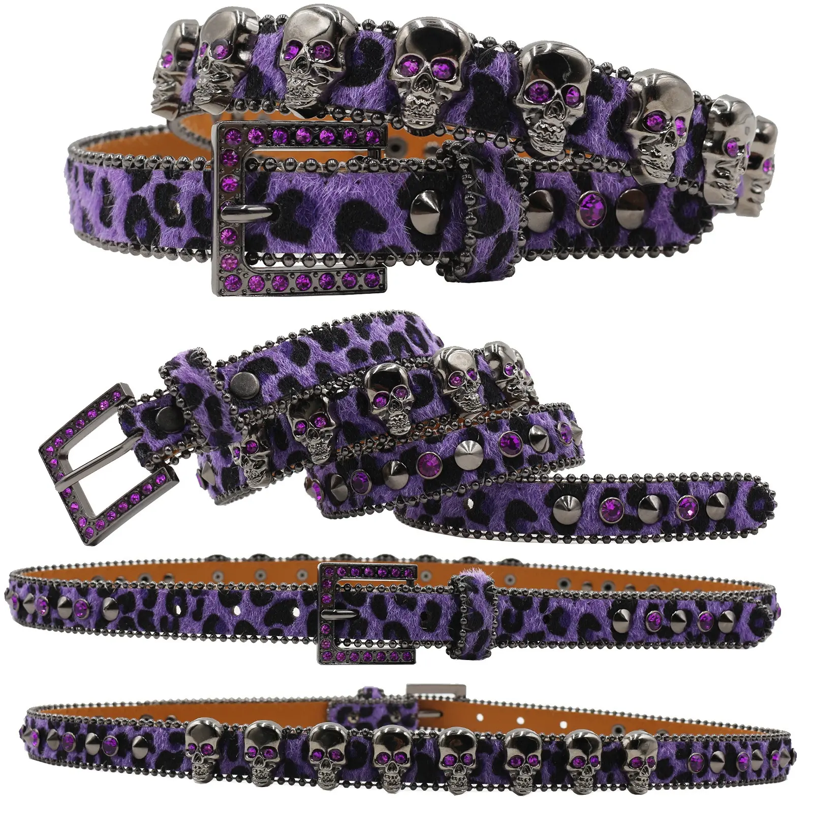 Y2K Rock‑Style Decorative Belt Leopard Faux Fur Metal Skull Accent Rhinestone Square Buckle