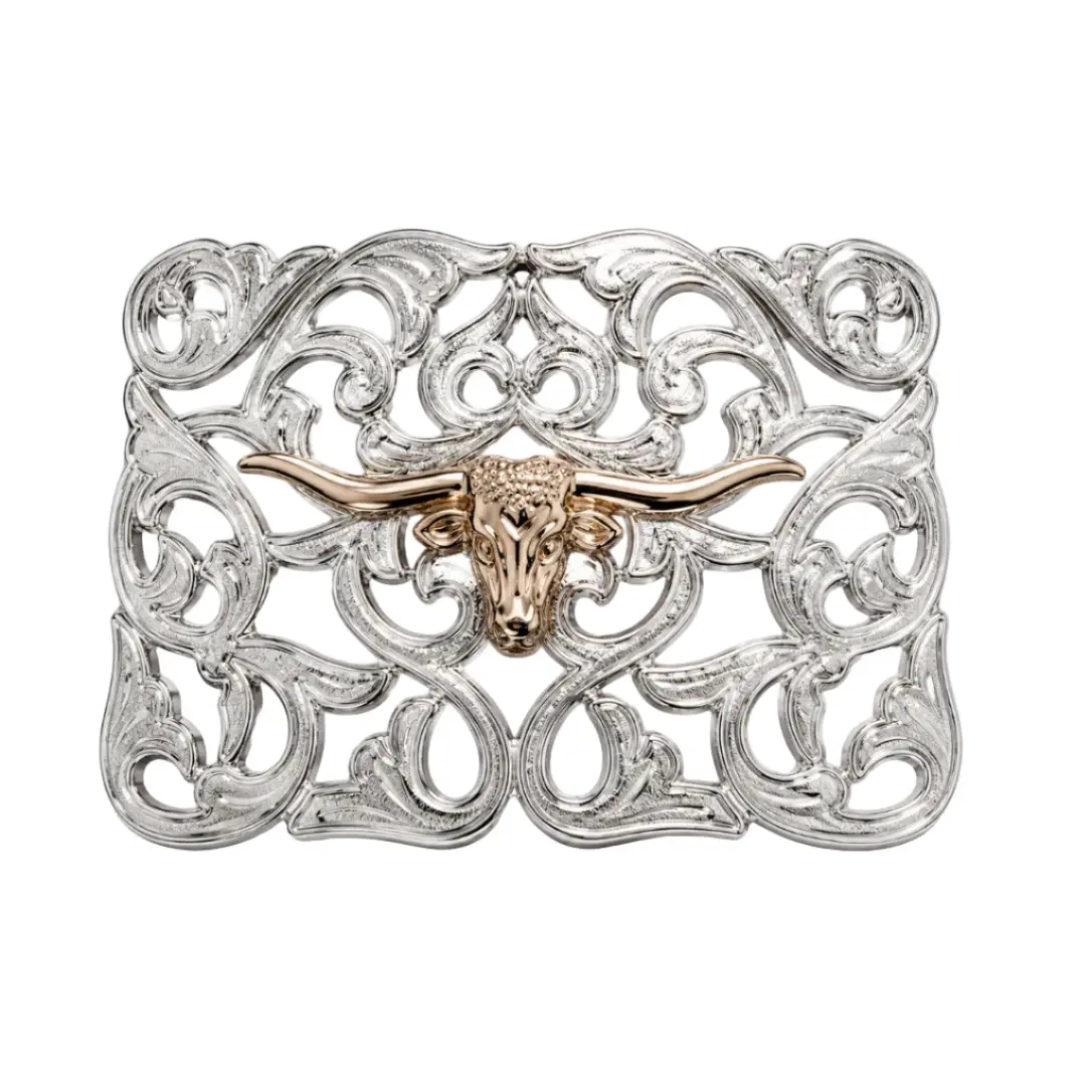 Gold Longhorn Skull Open Cut Western Belt Buckle – Silver Filigree Cowboy Buckle