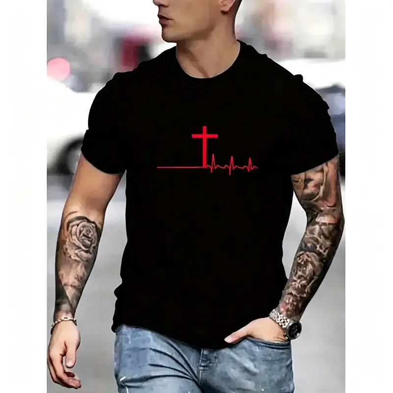 Men's T-Shirt with Cross Pulse Print - Knit Polyester Blend Crew Neck Tee, Regular Fit, Slight Stretch, Breathable Comfort, 180G Cotton, Ultra-Soft, Moisture-Wicking, Versatile for Gym & Casual Wear Crewneck Menswear