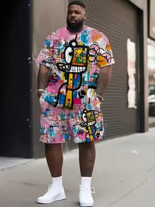 Men's Street Graffiti Style Plus Size Outdoor Sports Set, Casual Comfortable Short Sleeve Two-Piece, Geometric Pattern, All Seasons