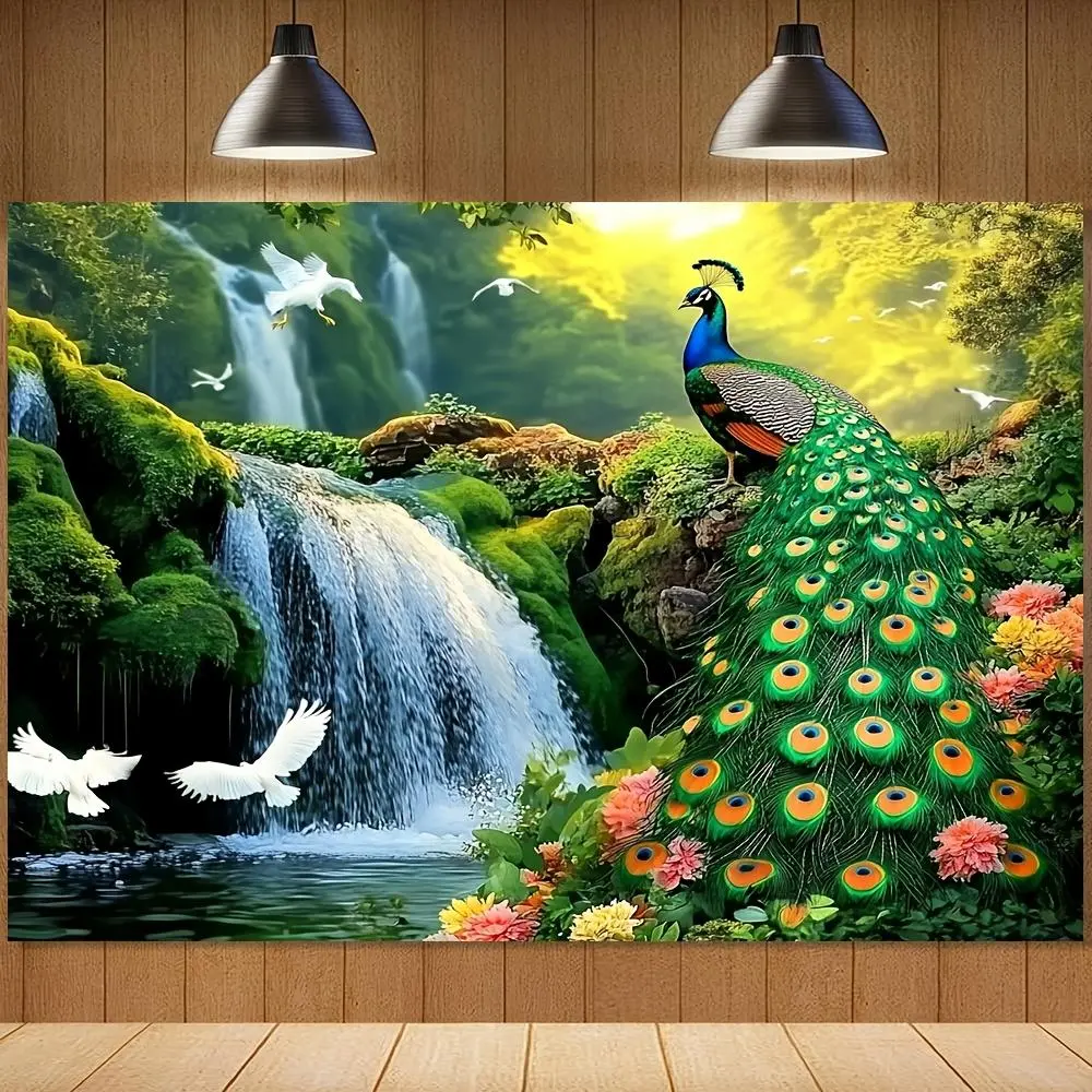 1pc 2D Flat Panel Oversized Vibrant Peacock & Waterfall Forest Landscape Wall Art - Durable Polyester, No Power Needed, Easy-Hang with Holes, Ideal for Modern Room Decoration, Family Party Photo Backdrop,summerwins