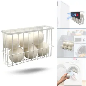 Magnetic Dryer Ball Holder Plus 6 XL Wool Dryer Balls from New Zealand Wool- Laundry Dryer Balls Storage Containers: Easy Install Without Tools, Magnetic Basket for Dryer Balls Natural