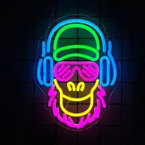 Music-Listening Monkey Neon Sign Monkey Wearing Headphones Neon Sign Live Music LED Wall Decor Bedroom & Game Room Cool Animal Neon Lights Man Cave Party Decor Music-Themed Gift