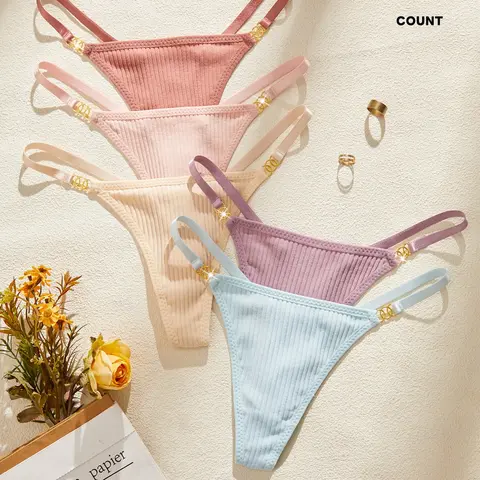Women's Low Waist Thong Lingerie Panties Set, Lady Everyday Basic Breathable Soft Panties Strappy Underwear, Seamless, Minimalist Design, Pack of 5, Comfortable and Stylish, Fit, Breathable Comfy Innerwear