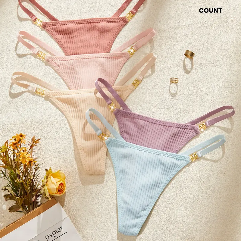 Women's Low Waist Thong Lingerie Panties Set, Lady Everyday Basic Breathable Soft Panties Strappy Underwear, Seamless, Minimalist Design, Pack of 5, Comfortable and Stylish, Fit, Breathable Comfy Innerwear