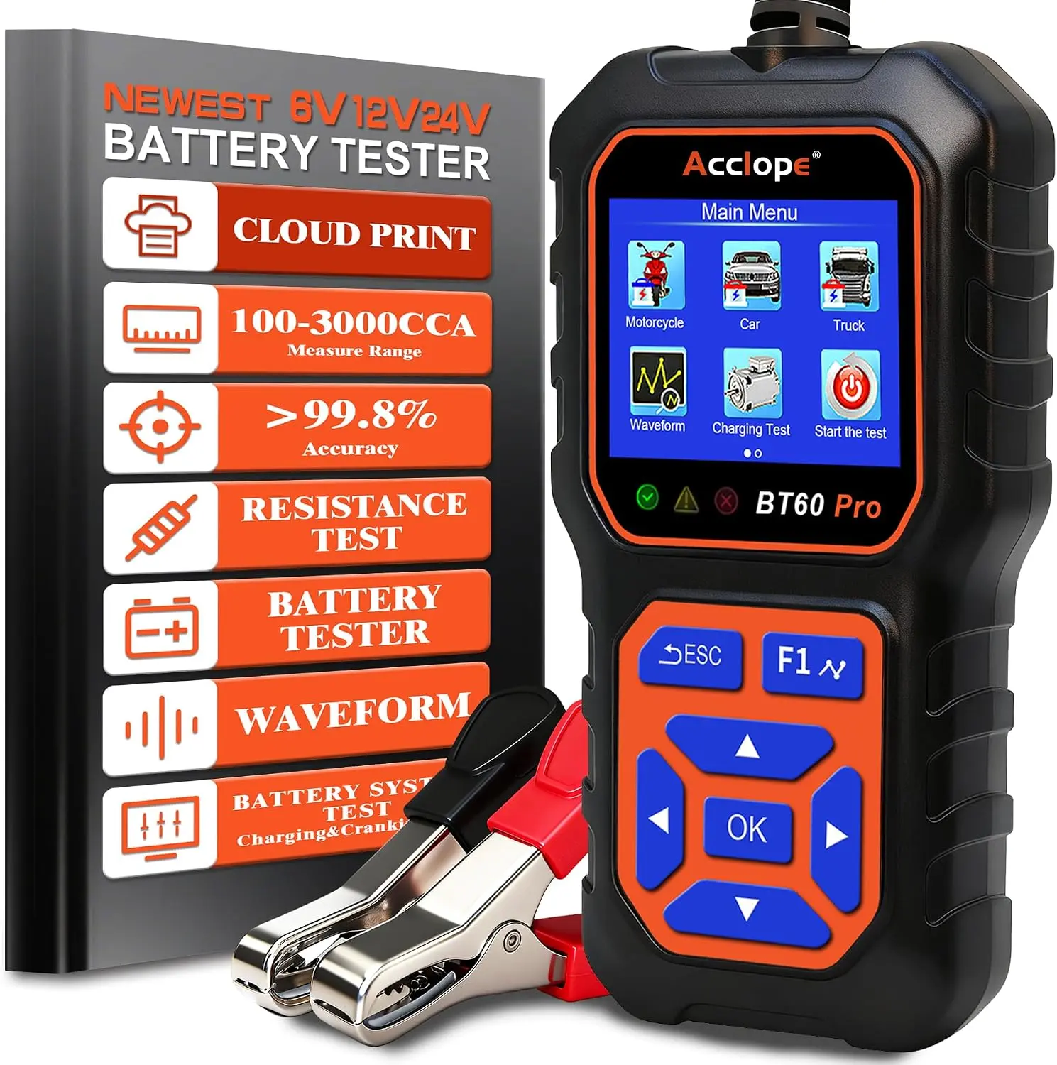 BT60 PRO Car Battery Tester, 6V/12V/24V 2-120Ah 100-3000 CCA Automotive Tool, Alternator & Starter Charging System Analyzer, Load Tester with QR Cloud Report (No App) for Cars, Trucks, Marine Vehicles