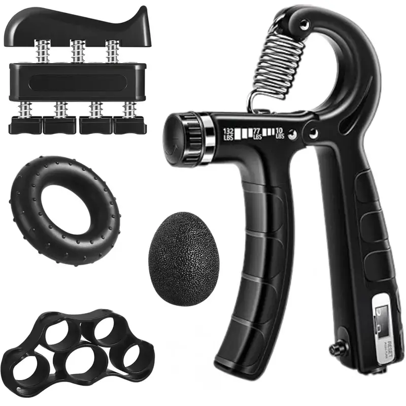 5-Pack Hand Grip Strengthener Workout Kit – Adjustable Resistance Forearm Gripper, Finger Stretcher, Grip Ring & Stress Relief Ball for Athletes